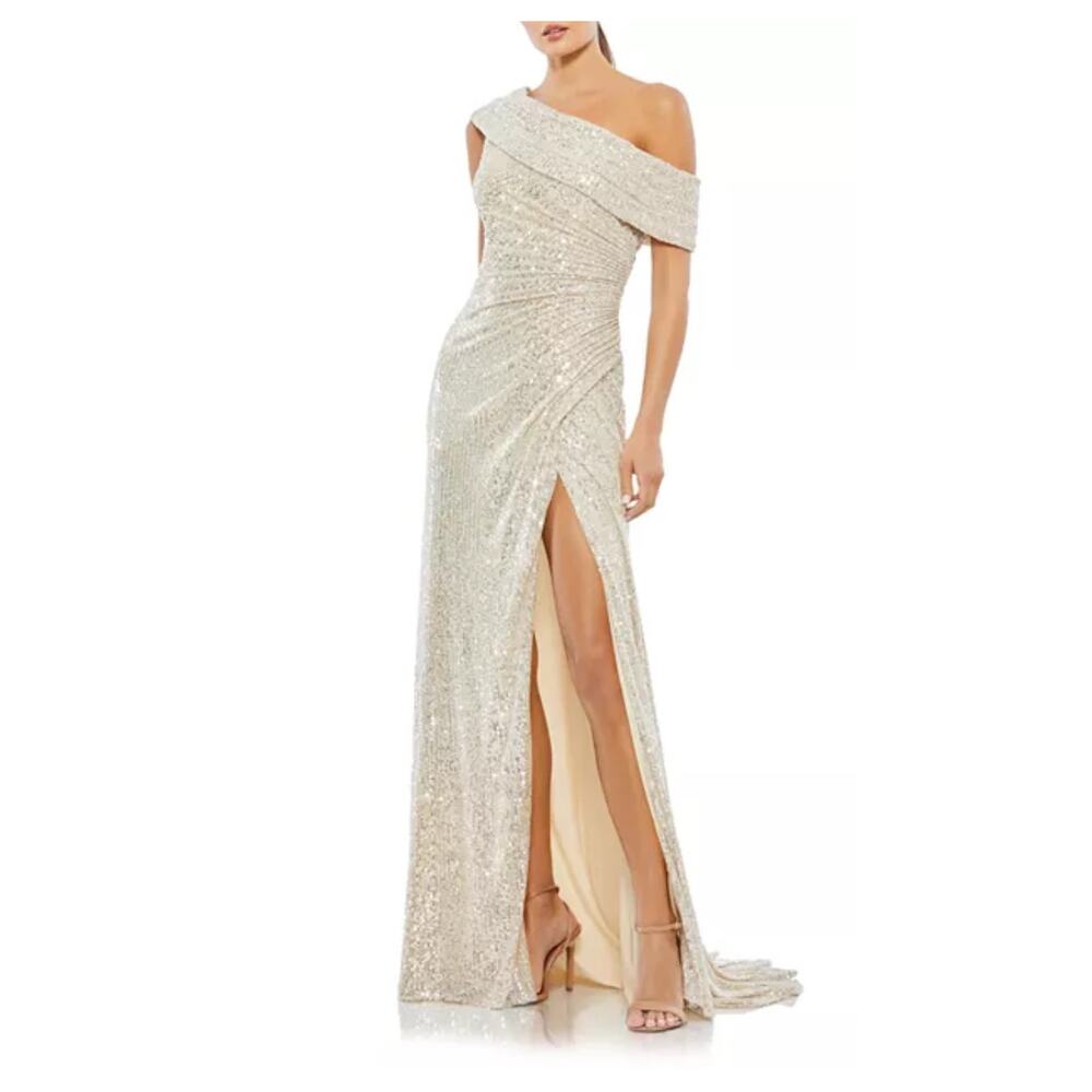 Mac Duggal Sequined Drop Shoulder Gown Sz8 Nude